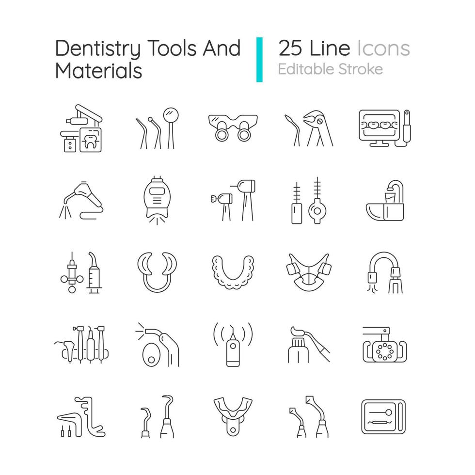 Dentistry tools and materials linear icons set. Dental procedures. Tooth repairing, treatment. Customizable thin line contour symbols. Isolated vector outline illustrations. Editable stroke