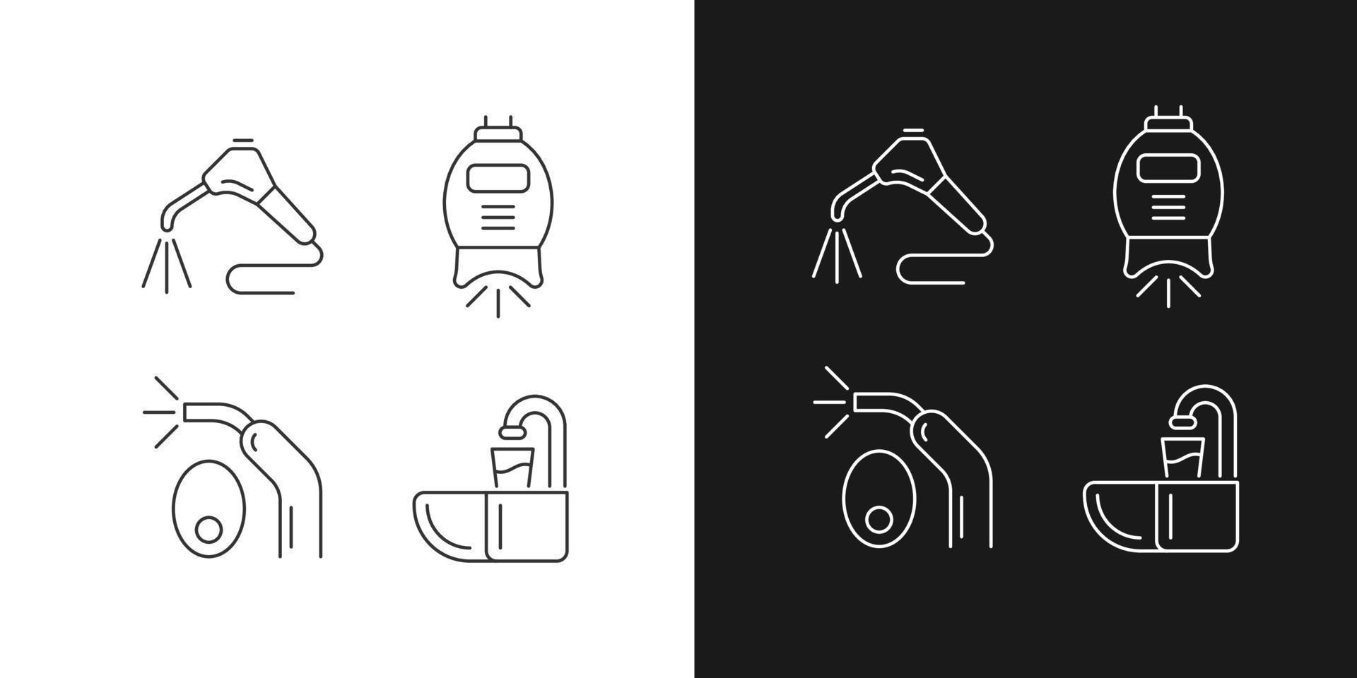 Going to dentist linear icons set for dark and light mode. Moistening patient mouth. Teeth whitening machine. Customizable thin line symbols. Isolated vector outline illustrations. Editable stroke