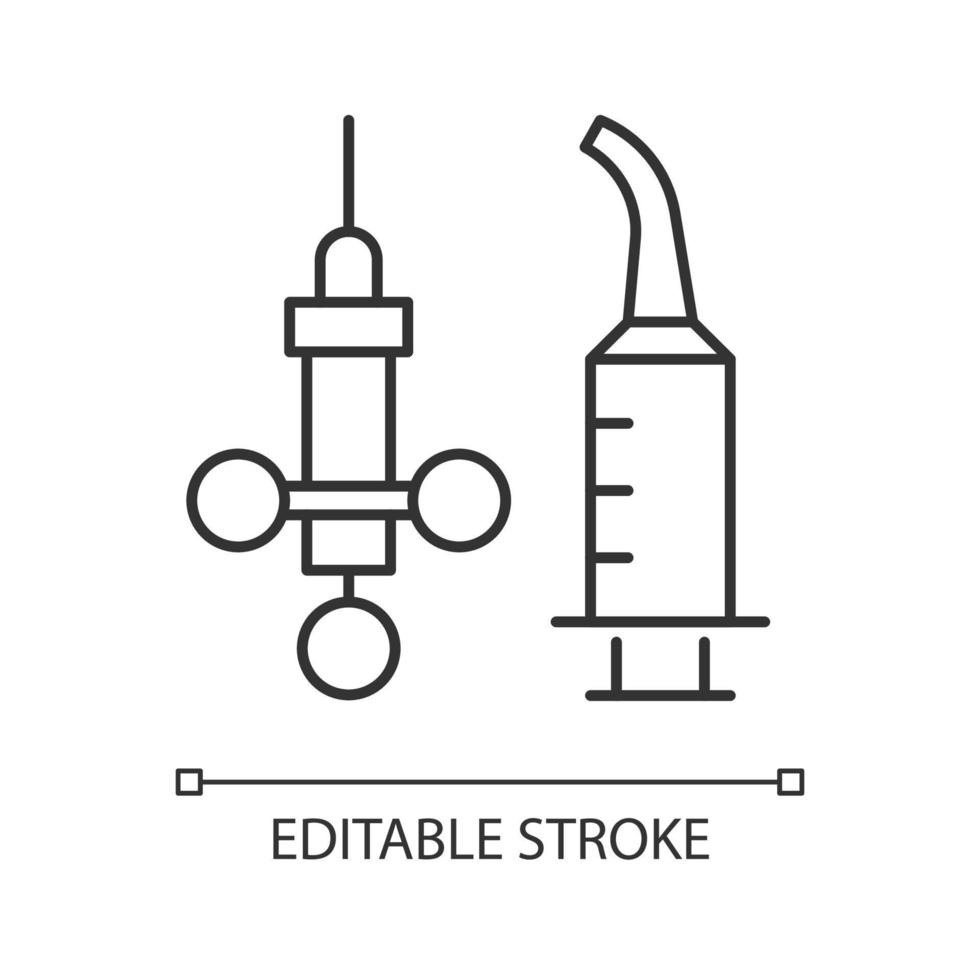 Dental irrigation syringe linear icon. Delivering local anesthetic. Intraoral injections. Thin line customizable illustration. Contour symbol. Vector isolated outline drawing. Editable stroke
