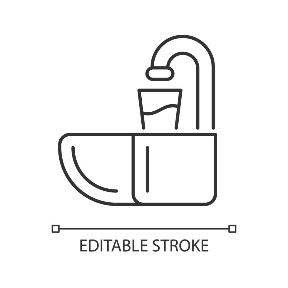 Dental spit bowl linear icon. Cuspidor for expectorating. Dentistry equipment. Spit out saliva. Thin line customizable illustration. Contour symbol. Vector isolated outline drawing. Editable stroke