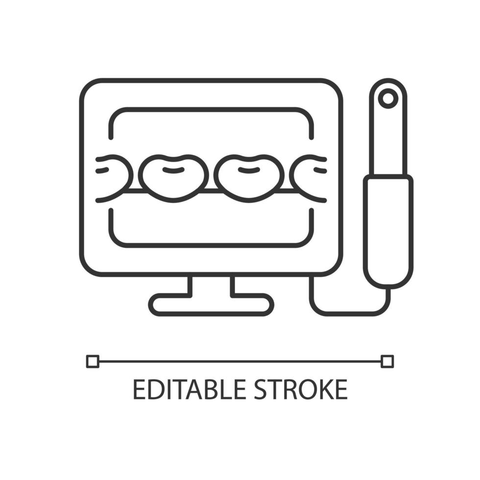 icono lineal de cámara intraoral. diagnóstico de la condición de salud bucal. captura de imagen de video de dientes. ilustración personalizable de línea delgada. símbolo de contorno dibujo de contorno aislado vectorial. trazo editable vector