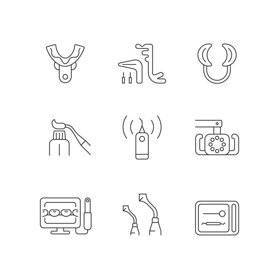 Dental check up linear icons set. Medical devices. Impression tray. Implant maintenance. Lip retractor. Customizable thin line contour symbols. Isolated vector outline illustrations. Editable stroke