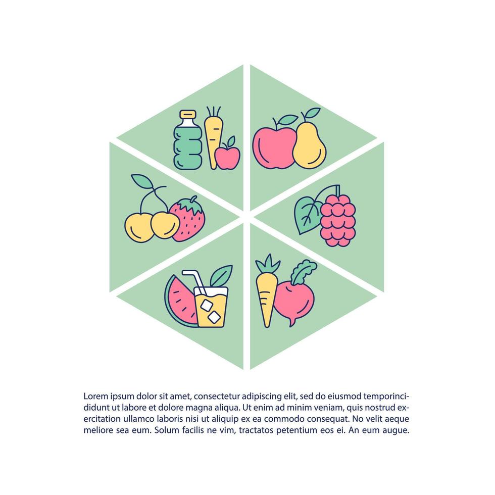 iconos de línea de concepto de alimentos saludables con texto. plantilla de vector de página ppt con espacio de copia. folleto, revista, elemento de diseño de boletín. contenido de agua en frutas, verduras ilustraciones lineales en blanco