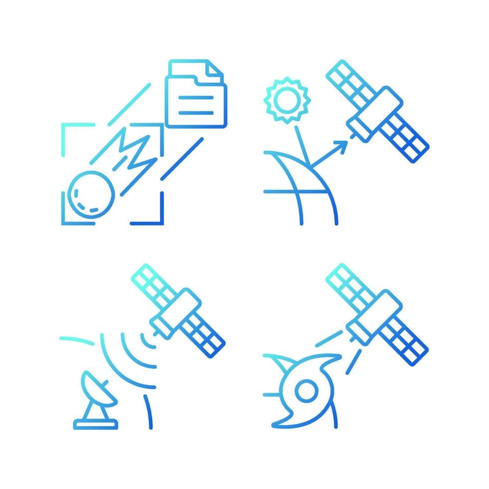 Climate monitoring satellites gradient linear vector icons set. Meteorological Earth observation system. Thin line contour symbols bundle. Isolated outline illustrations collection