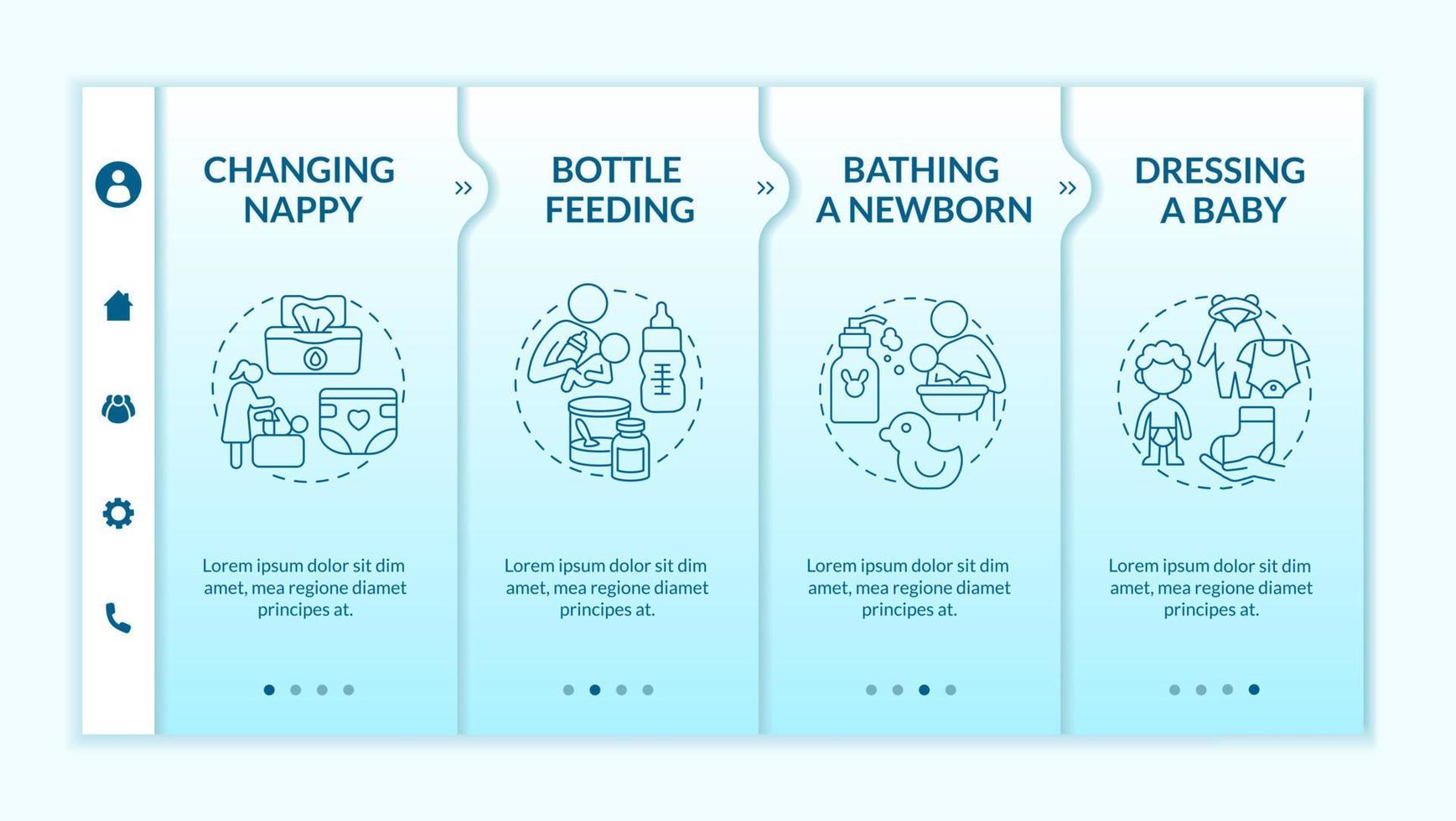 Infant care blue gradient onboarding vector template. Responsive mobile website with icons. Web page walkthrough 4 step screens. Mother looking after newborn color concept with linear illustrations