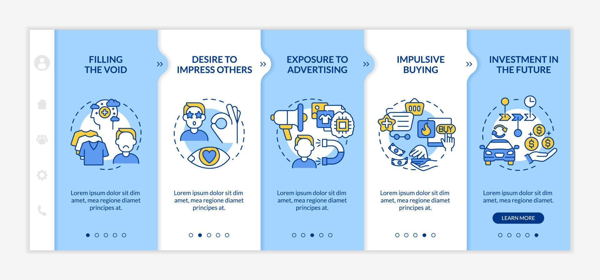 Reasons for consumerism blue onboarding vector template. Responsive mobile website with icons. Web page walkthrough 5 step screens. Mindless buying color concept with linear illustrations