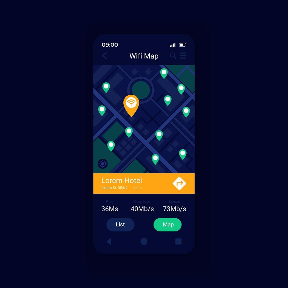 WiFi hotspot location map app smartphone interface vector template. Mobile app page design layout. Wi Fi acess points arouns world map screen. Flat UI for application. Phone display