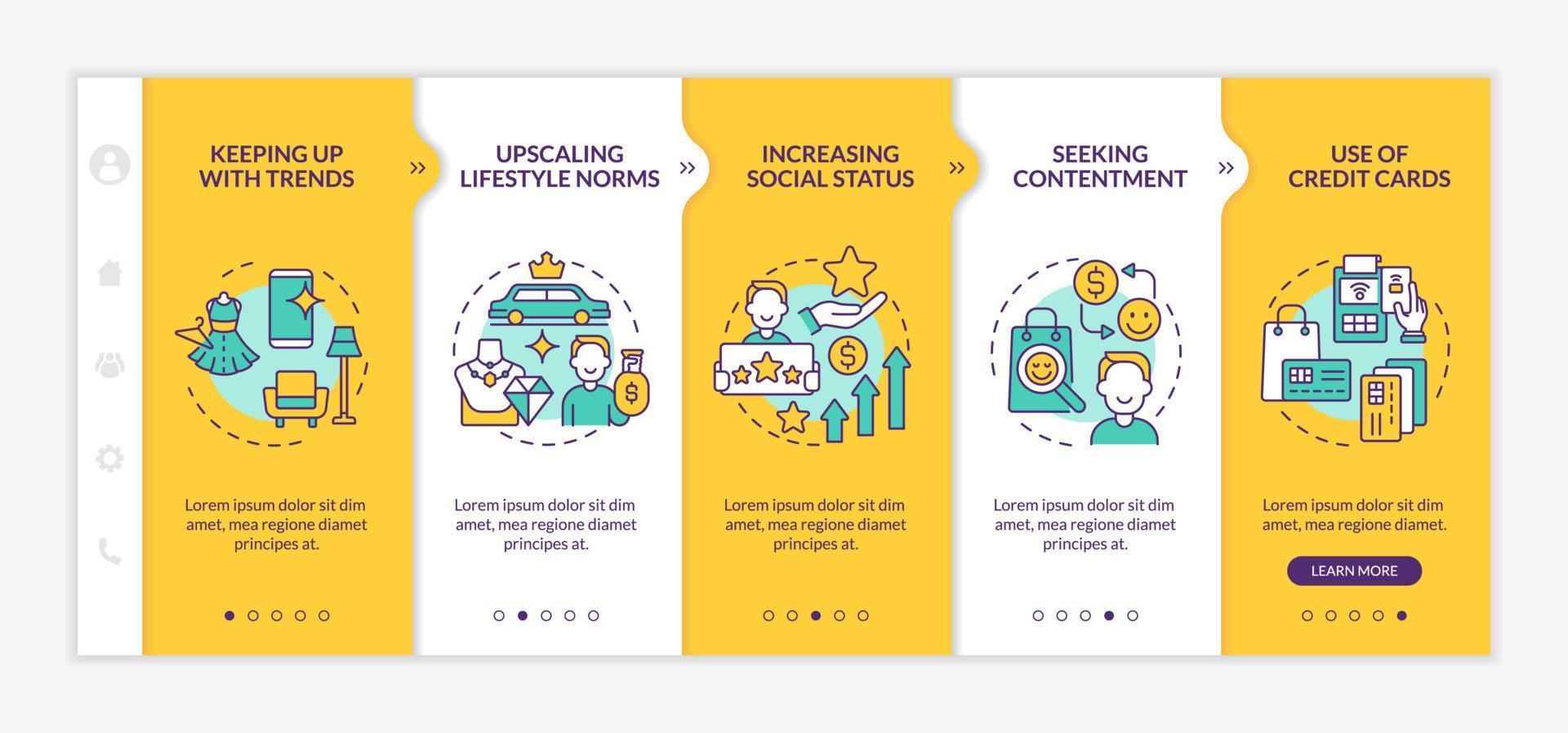 Consumerism motivation yellow onboarding vector template. Responsive mobile website with icons. Web page walkthrough 5 step screens. Lifestyle color concept with linear illustrations
