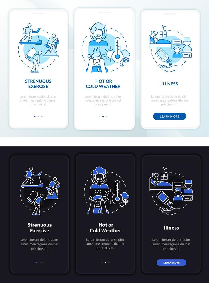 Increased fluid intake light, dark onboarding mobile app page screen. Walkthrough 3 steps graphic instructions with concepts. UI, UX, GUI vector template with linear night and day mode illustrations