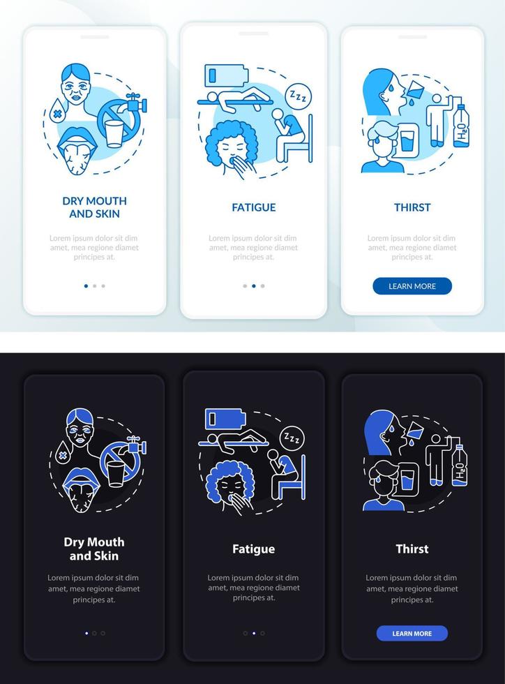 síntomas de deshidratación pantalla de la página de la aplicación móvil de incorporación clara y oscura. tutorial 3 pasos instrucciones gráficas con conceptos. ui, ux, plantilla vectorial gui con ilustraciones lineales en modo día y noche vector