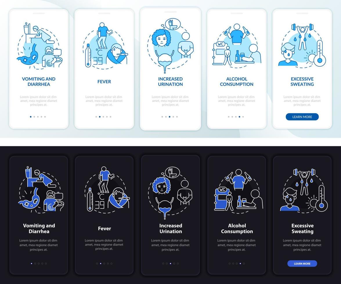 Dehydration causes light, dark onboarding mobile app page screen. Walkthrough 5 steps graphic instructions with concepts. UI, UX, GUI vector template with linear night and day mode illustrations