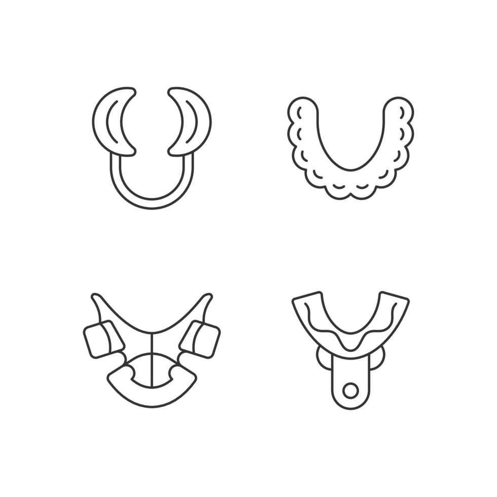 conjunto de iconos lineales de aparatos de ortodoncia. Dispositivo de realineación de dientes. retractor de mejillas. cubeta de impresión. símbolos de contorno de línea fina personalizables. ilustraciones aisladas de contorno vectorial. trazo editable vector