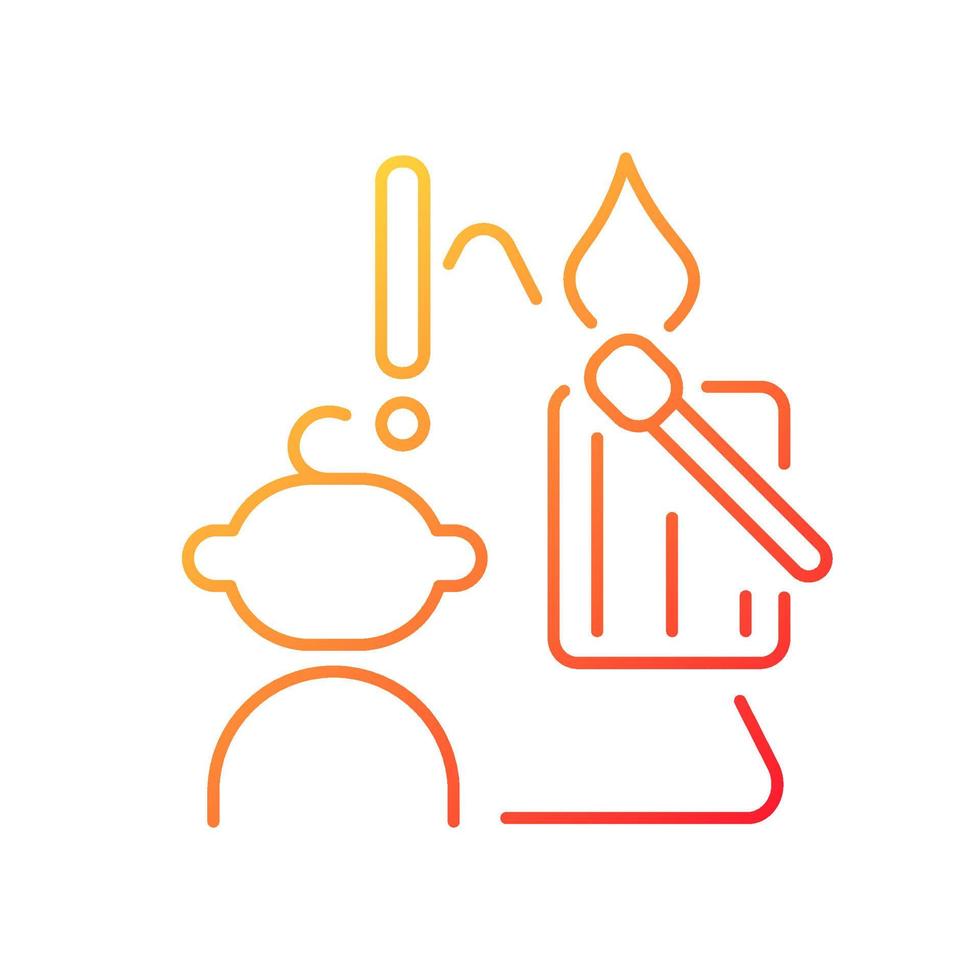 niño y fósforos y velas icono de vector lineal de gradiente. niño jugando con fósforos. prevención de fuego. símbolo de color de línea delgada. pictograma de estilo moderno. dibujo de contorno aislado vectorial