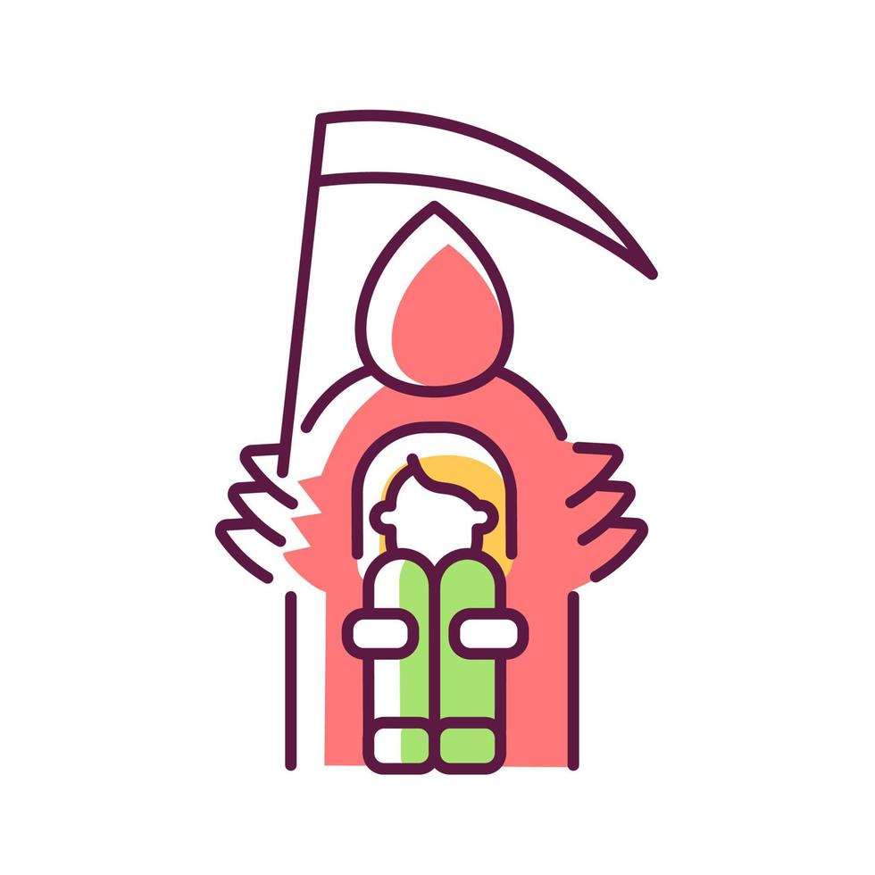 Fear of death RGB color icon. Thanatophobia. Intense and irrational fear of dying. Awe of loss. Psychological problem. Mental disorder. Isolated vector illustration. Simple filled line drawing