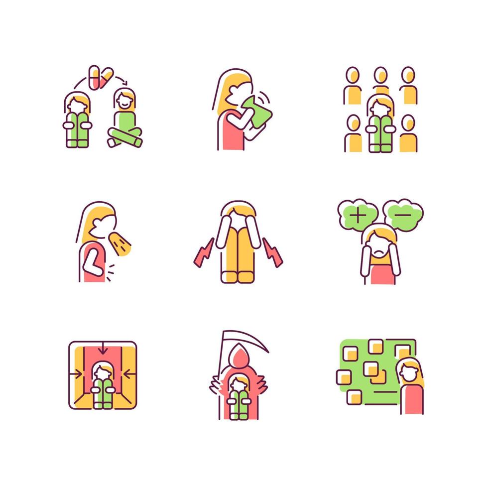 Phobias and its symptoms RGB color icons set. Vomiting and nausea. Hyperventilation and consternation. Signs and treatment. Isolated vector illustrations. Simple filled line drawings collection