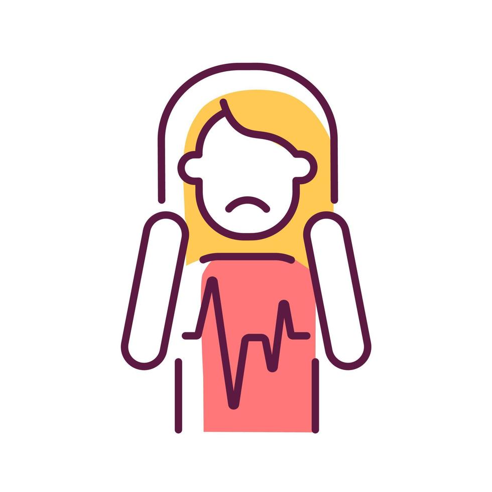 Heart palpitations RGB color icon. Fast beating and fluttering heart. Panic attack and fear symptom. Health problem. Mental disorders. Isolated vector illustration. Simple filled line drawing