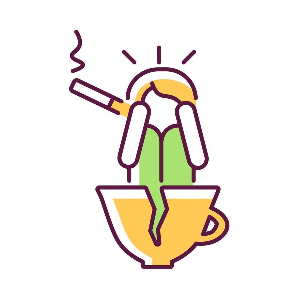 Coffee and nicotine as panic triggers RGB color icon. Cigarettes and caffeine may lead to anxiety. Mental and physical health problems. Isolated vector illustration. Simple filled line drawing