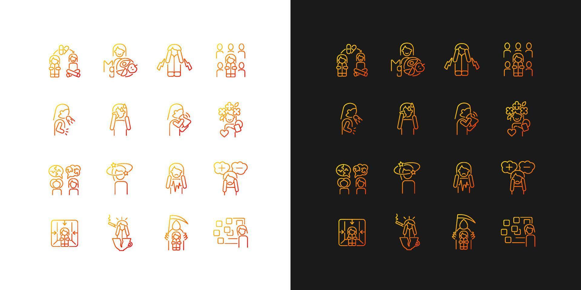 Panic disorder gradient icons set for dark and light mode. Symptoms, treatment. Mental problems. Thin line contour symbols bundle. Isolated vector outline illustrations collection on black and white
