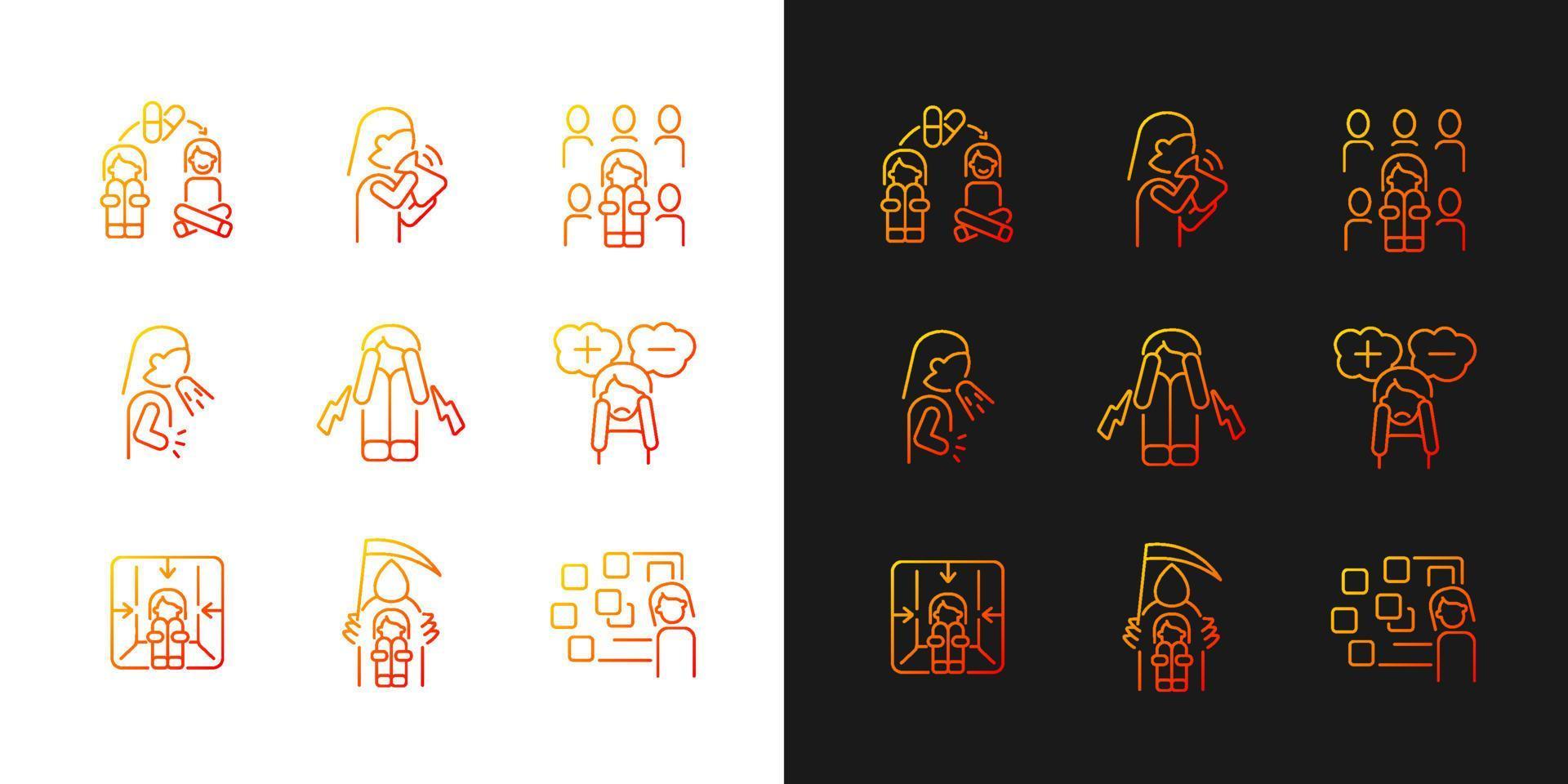 Phobias and its symptoms gradient icons set for dark and light mode. Vomiting and nausea. Thin line contour symbols bundle. Isolated vector outline illustrations collection on black and white
