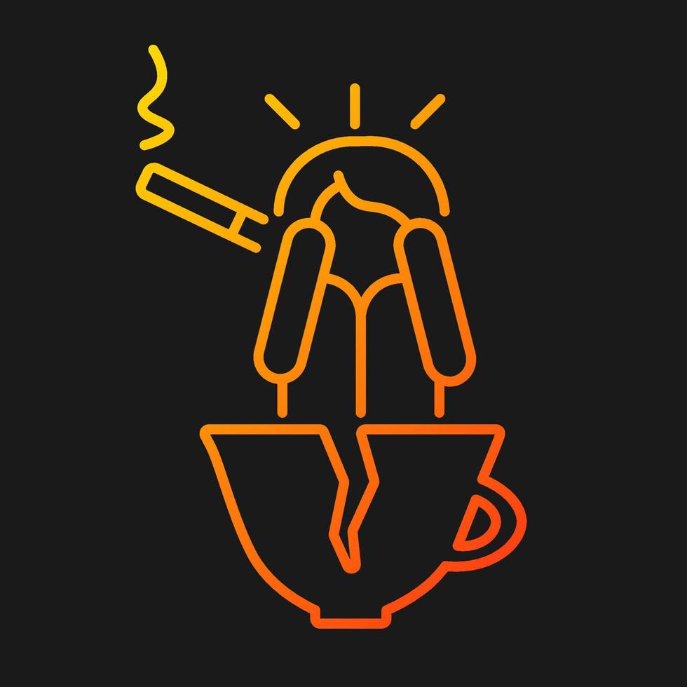 Coffee and nicotine as panic triggers gradient vector icon for dark theme. Cigarettes and caffeine may lead to anxiety. Thin line color symbol. Modern style pictogram. Vector isolated outline drawing