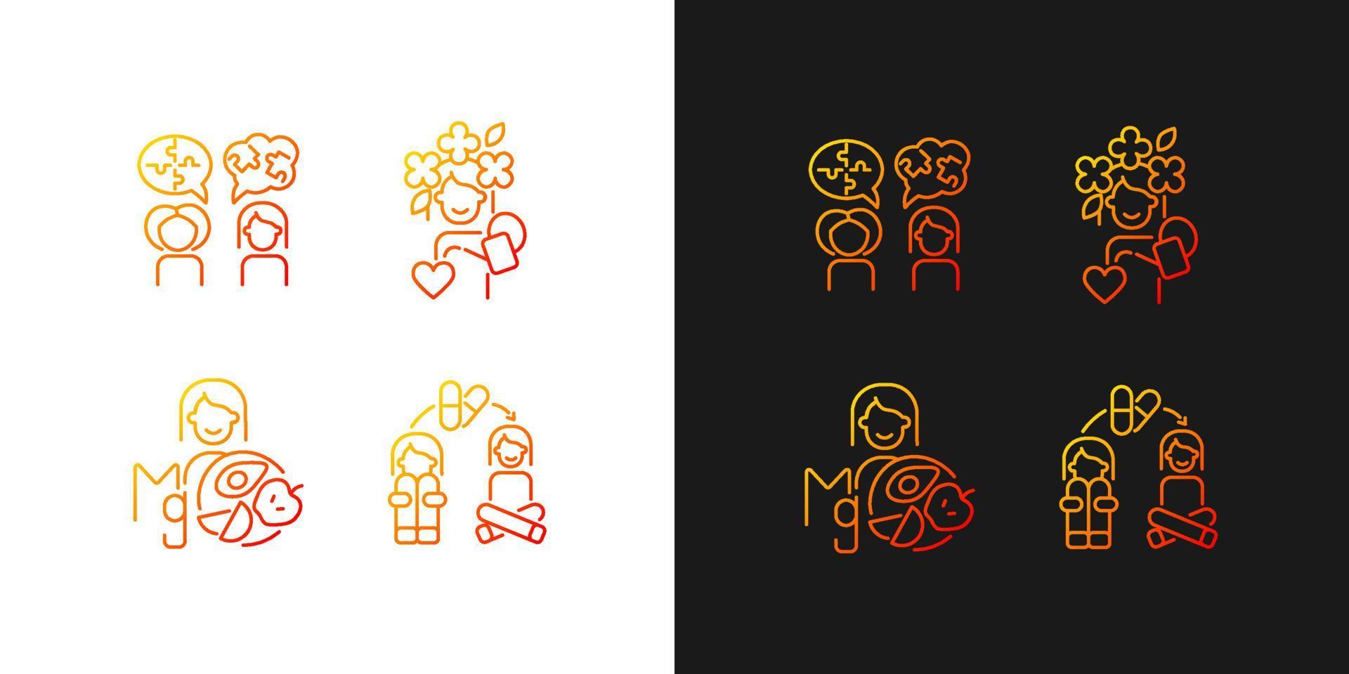 Mental disorders treatment gradient icons set for dark and light mode. Medication therapy. Thin line contour symbols bundle. Isolated vector outline illustrations collection on black and white