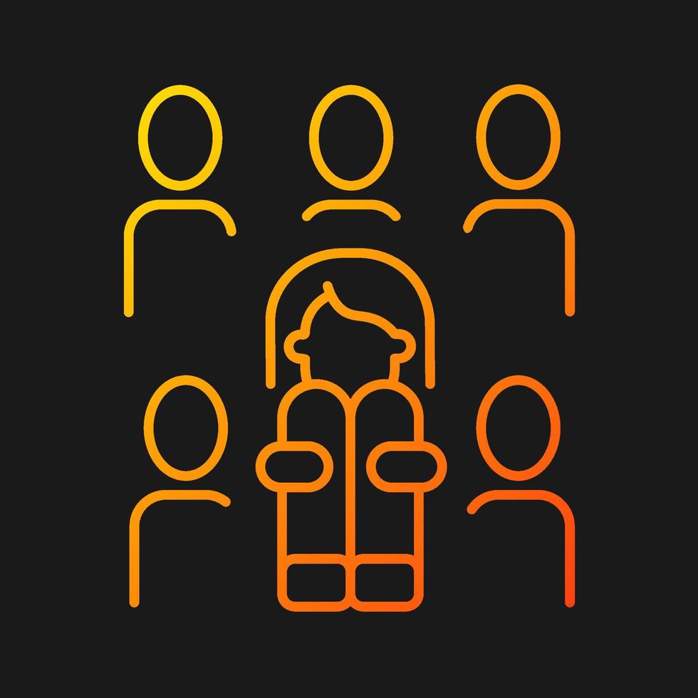 Enochlophobia gradient vector icon for dark theme. Irrational fear of crowd. Panic disorder. Psychotherapy treatment. Thin line color symbol. Modern style pictogram. Vector isolated outline drawing