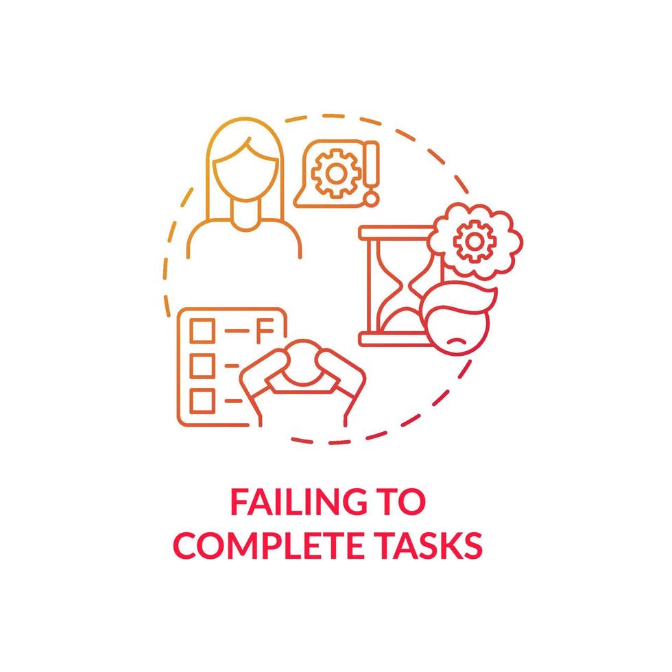 Failing to complete tasks concept icon. Inattentive symptom abstract idea thin line illustration. Excessive procrastination. Unwillingness to engage in activity. Vector isolated outline color drawing