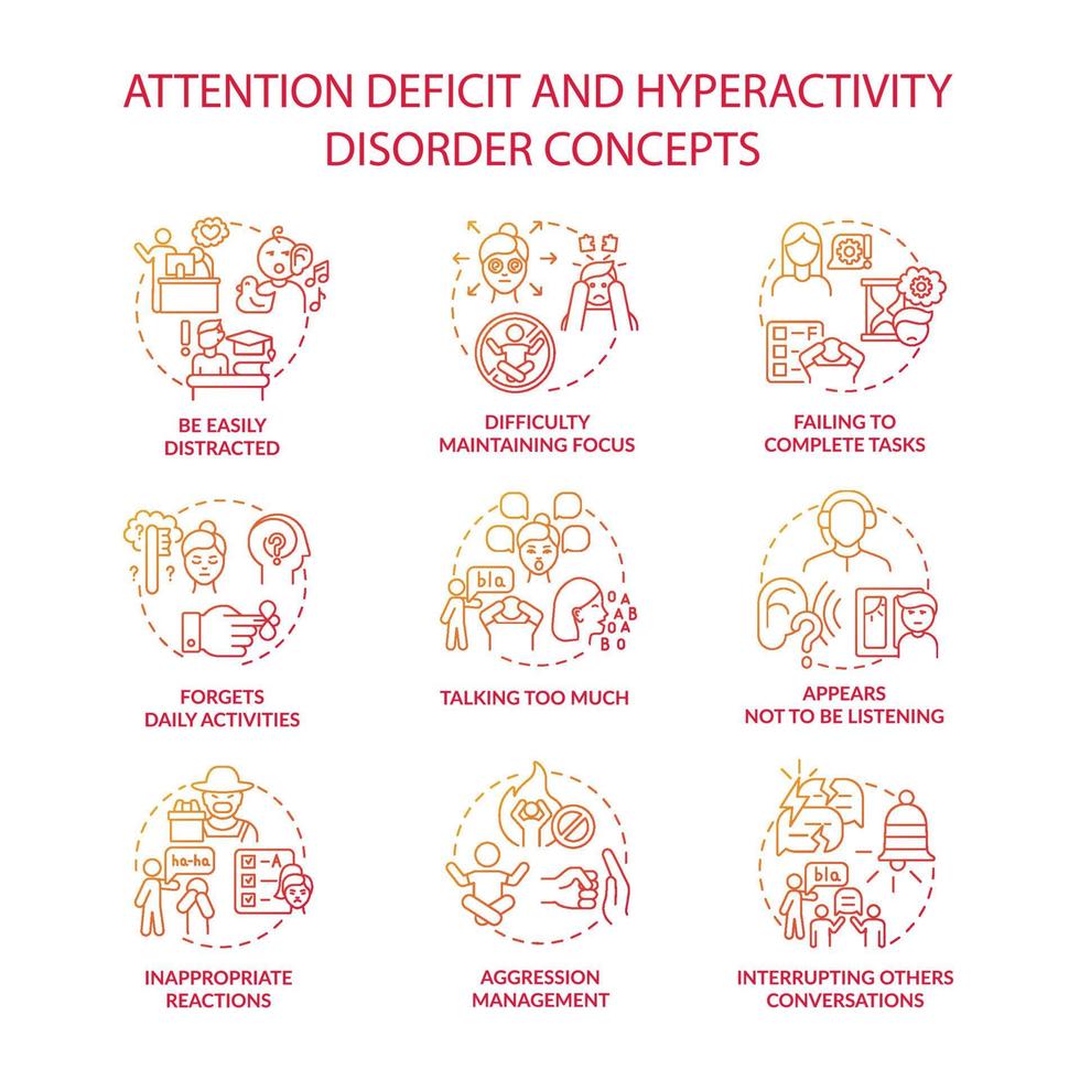 Conjunto de iconos de concepto de trastorno por déficit de atención e hiperactividad. ideas de gestión de emociones ilustraciones en color de línea delgada. olvida los plazos. reacciones inapropiadas. dibujos de contorno aislados vectoriales vector