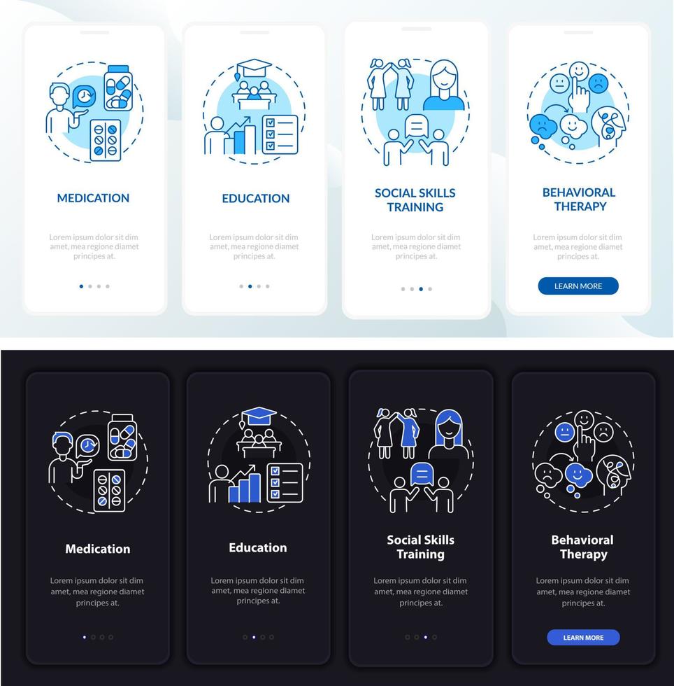 Adult ADHD management onboarding mobile app page screen. Medication walkthrough 4 steps graphic instructions with concepts. UI, UX, GUI vector template with linear night and day mode illustrations