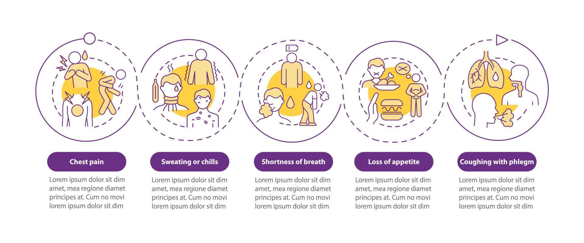 Pneumonia signs vector infographic template. Sweating and chills presentation outline design elements. Data visualization with 5 steps. Process timeline info chart. Workflow layout with line icons