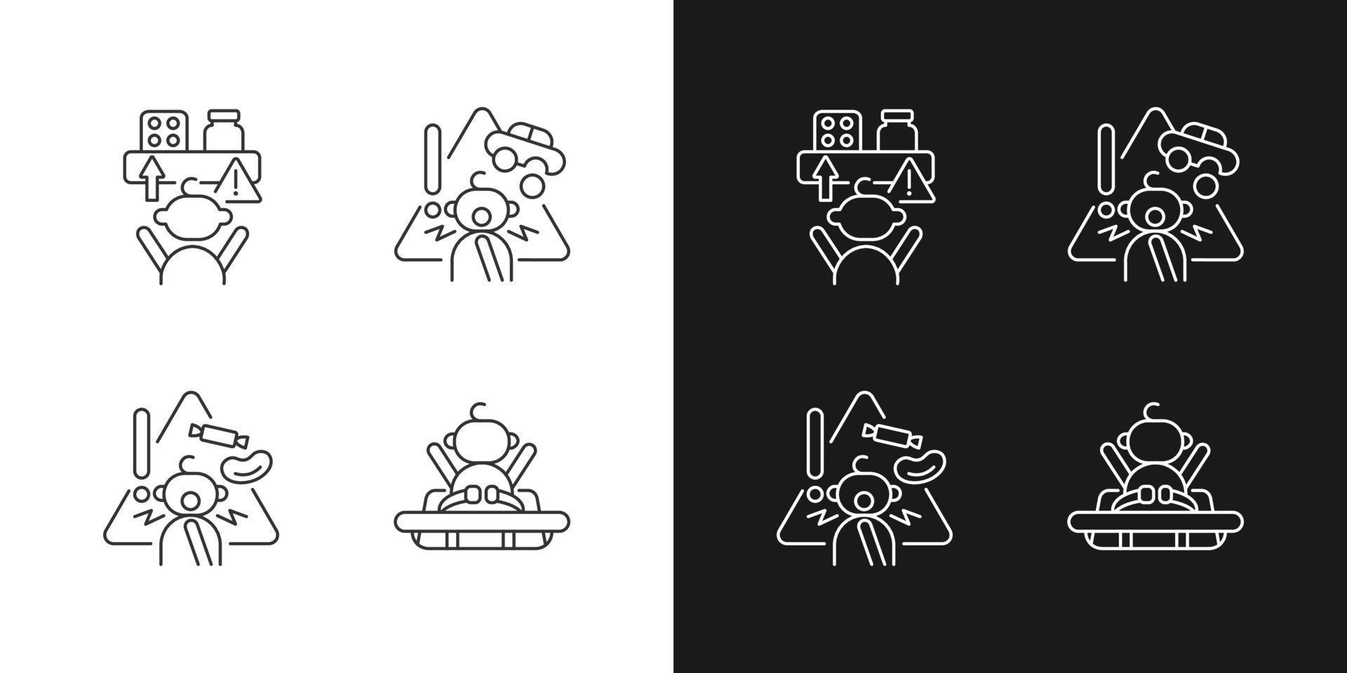 Poisoning and suffocation prevention linear icons set for dark and light mode. Choking hazard food and toys. Customizable thin line symbols. Isolated vector outline illustrations. Editable stroke