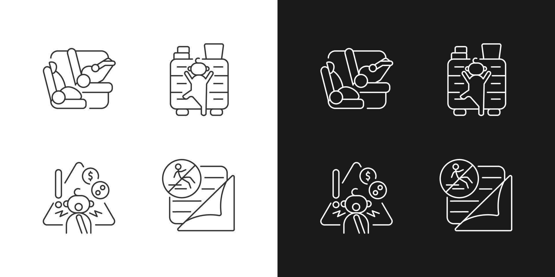 Accidents prevention linear icons set for dark and light mode. Falling and choking precaution. Child safety. Customizable thin line symbols. Isolated vector outline illustrations. Editable stroke
