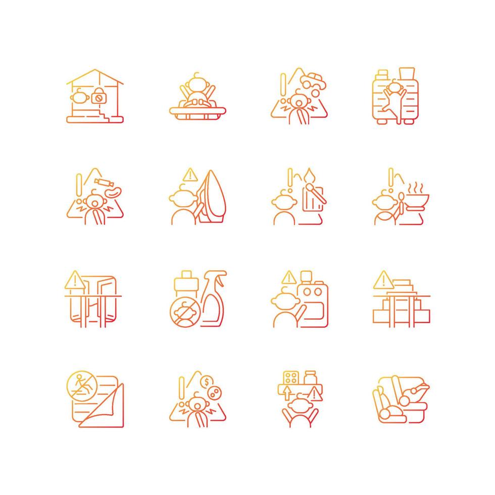 Child safety gradient linear vector icons set. Injuries and poisoning prevention. Keep away hazard things from kids. Thin line contour symbols bundle. Isolated outline illustrations collection