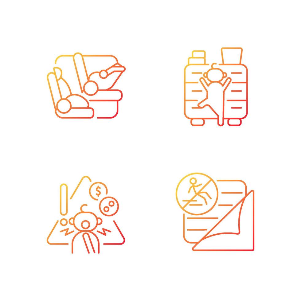 Accidents prevention gradient linear vector icons set. Choking precaution. Car seat and belt to protect kid in car. Thin line contour symbols bundle. Isolated outline illustrations collection