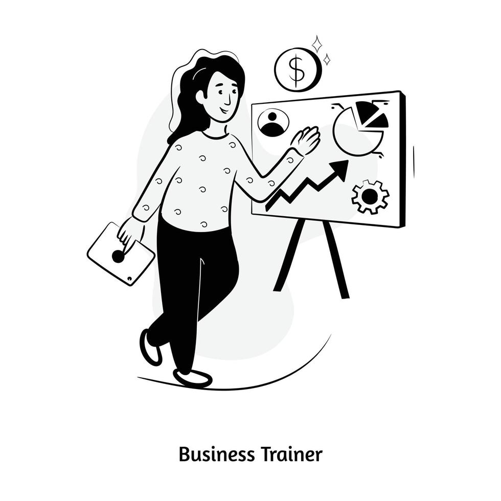 Person presenting data charts, hand drawn illustration of business trainer vector