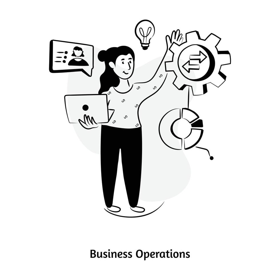 Chart, cogwheel, and light bulb denoting the concept of business operations, hand drawn illustration vector