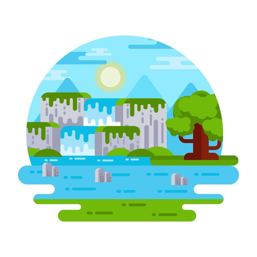 Captivating waterfall landscape, flat mini illustration vector