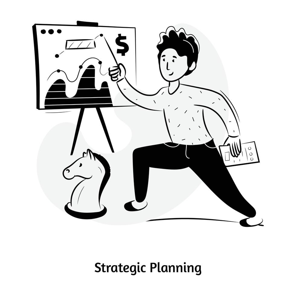 Chess piece and data chart showing the concept offhand drawn illustration of strategic planning vector