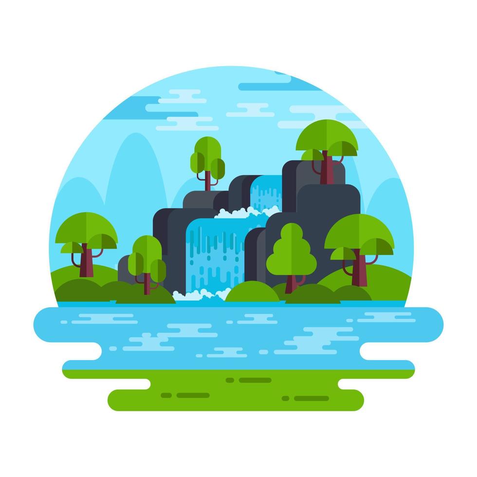 Captivating waterfall landscape, flat mini illustration vector