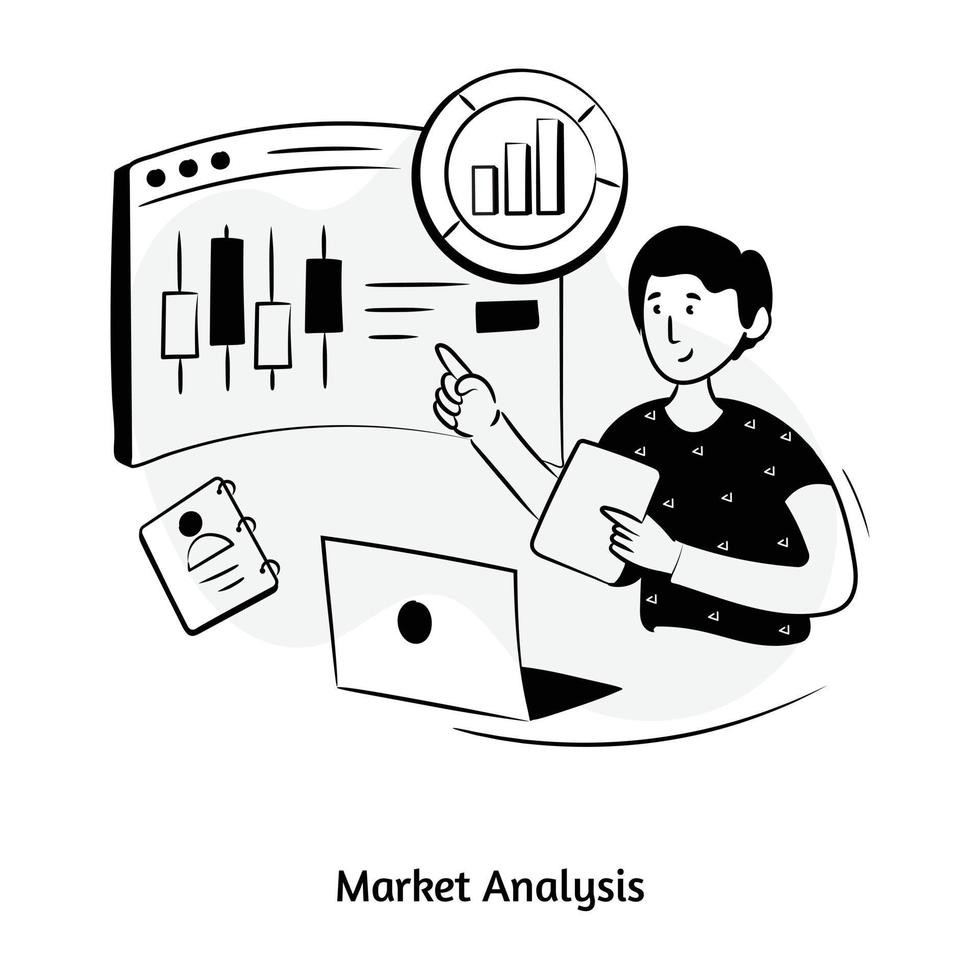 Person monitoring candlestick chart, hand drawn illustration of market analysis vector