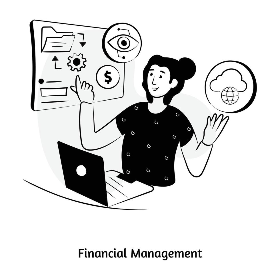 Business eye with dollar and cogwheel, hand drawn illustration of financial management vector