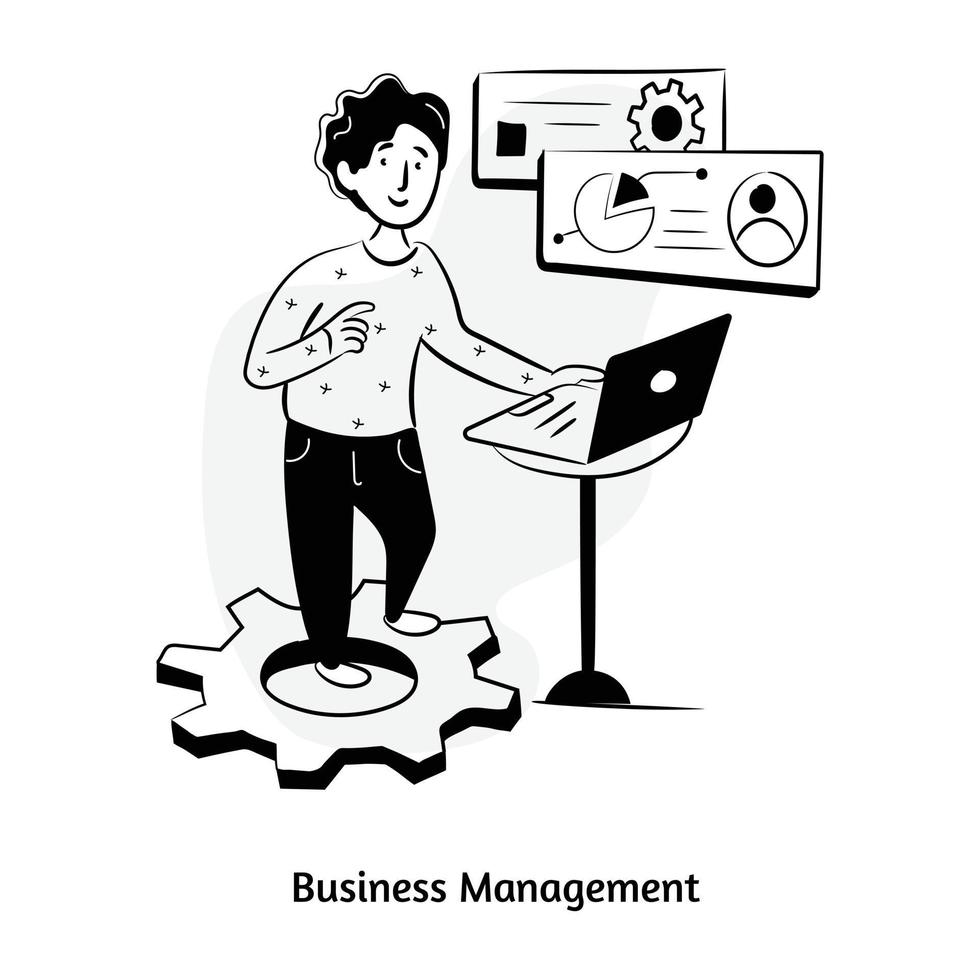 Person with cogwheels and chart, concept of business management hand drawn illustration vector