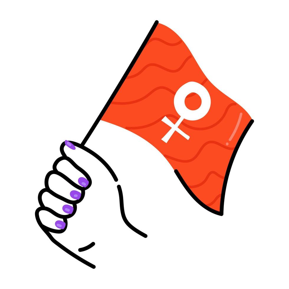 mano que sostiene la bandera feminista, icono editable plano vector