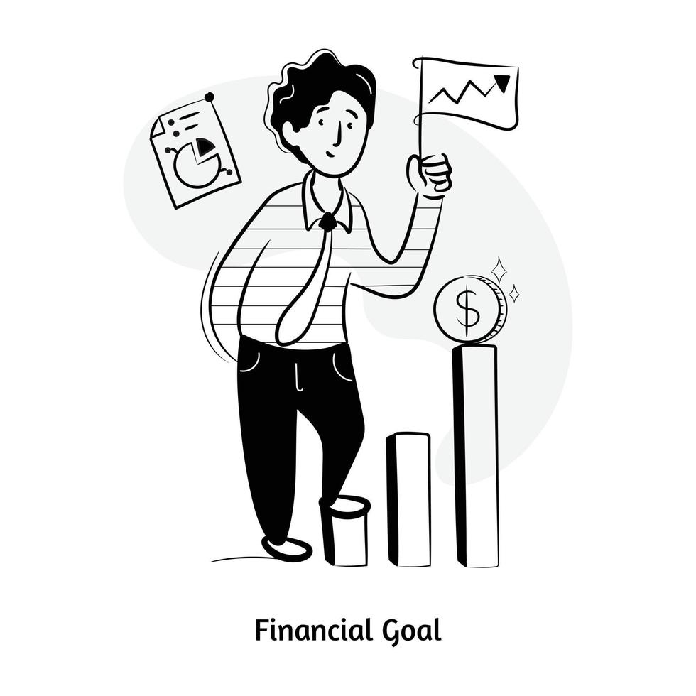 Person with flag, dollar and chart, concept of financial goal hand drawn illustration vector