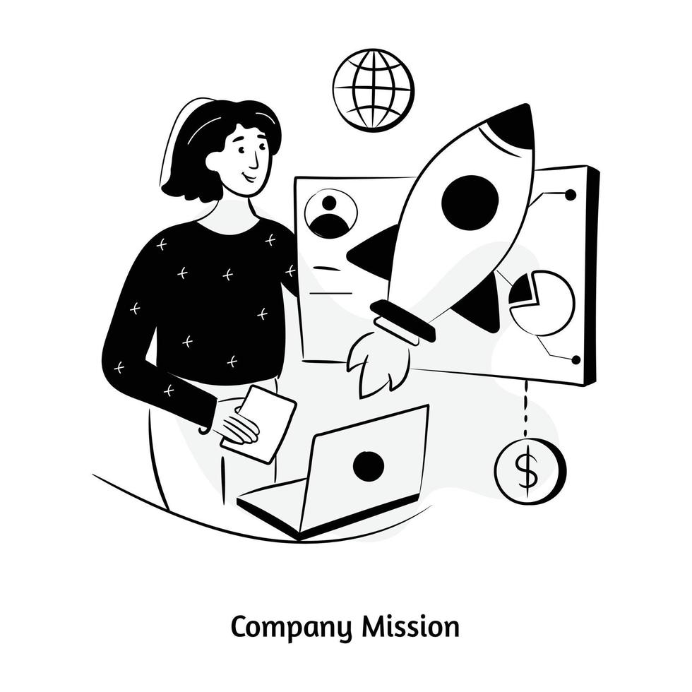 Chart, dollar and rocket, concept of company mission hand drawn illustration vector