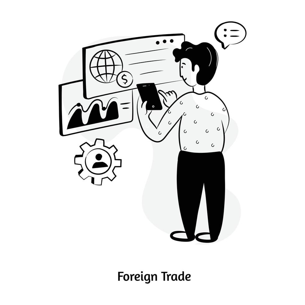 persona que comercia en línea, ilustración dibujada a mano del comercio exterior vector