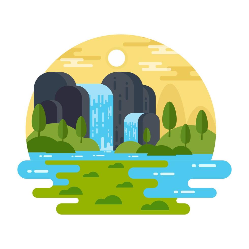 Captivating waterfall landscape, flat mini illustration vector