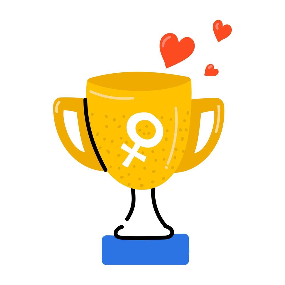 Winner cup with female sign, flat icon of woman victory vector