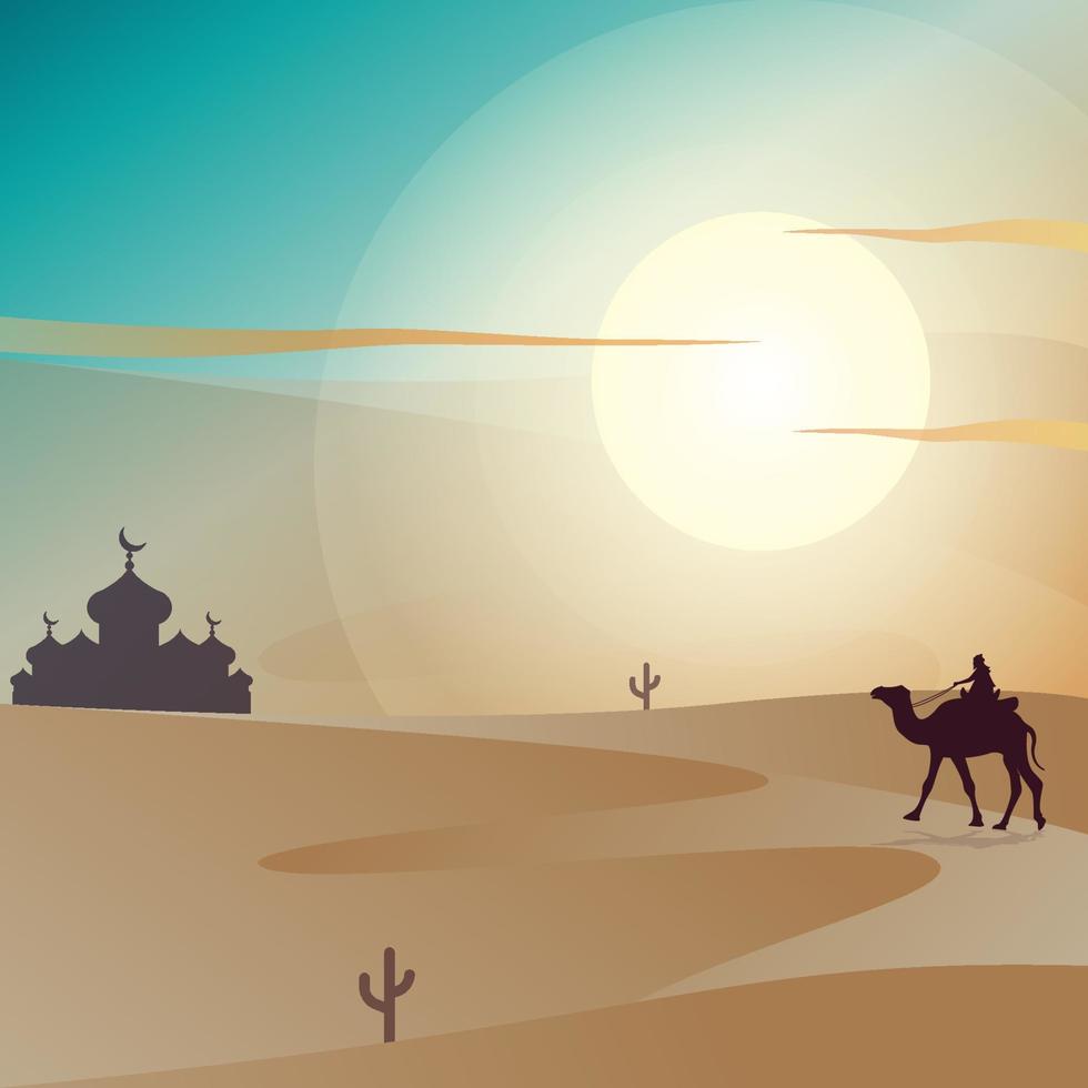 diseño de fondo en el desierto con silueta de camello viajando como saludo vector