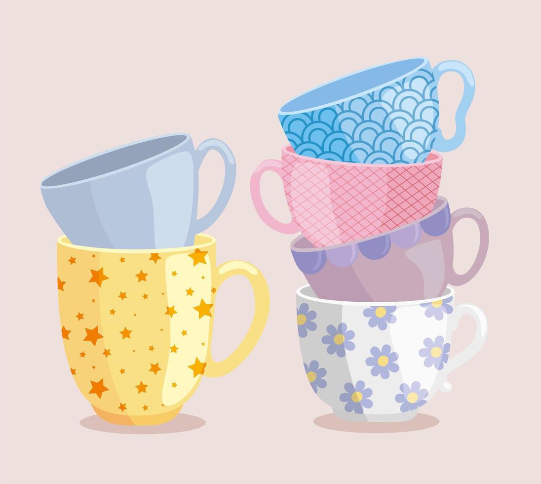 six ceramic cups vector